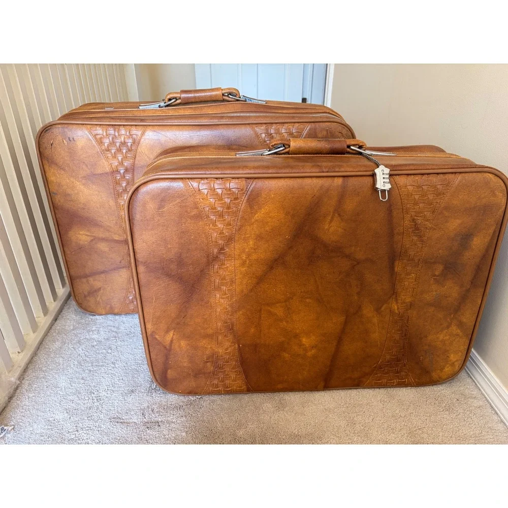 Vintage American Tourister 2 Piece Luggage Set Brown Faux Leather Woven Detail